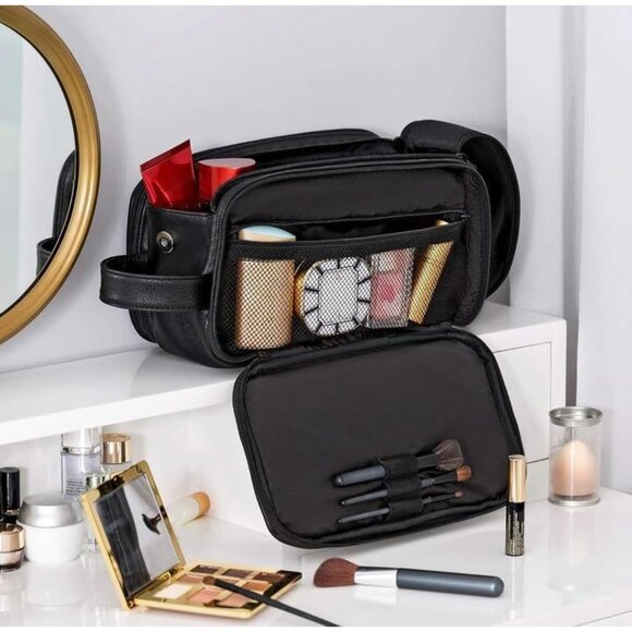Elviros Toiletry Bag Large Travel Shaving Organizer  Black Leather 12"x6.7"x7.1" - Picture 7 of 11